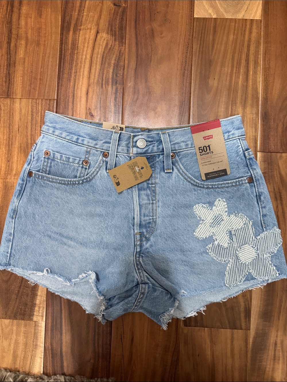 Levi's Light Blue Denim 501 Cutoff Shorts with Floral Patch